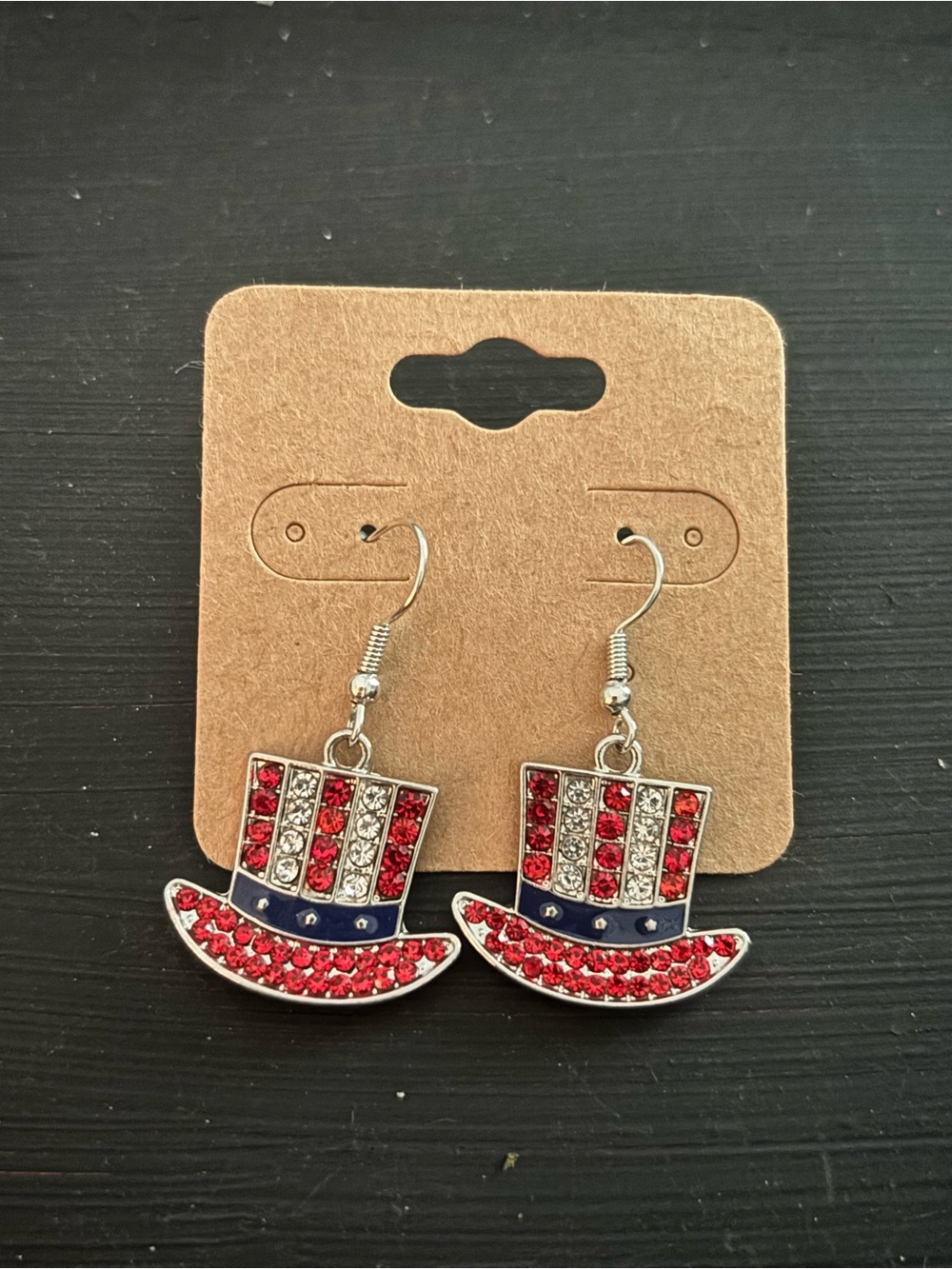 Patriotic Red White Blue Top Hat Dangle Earrings
